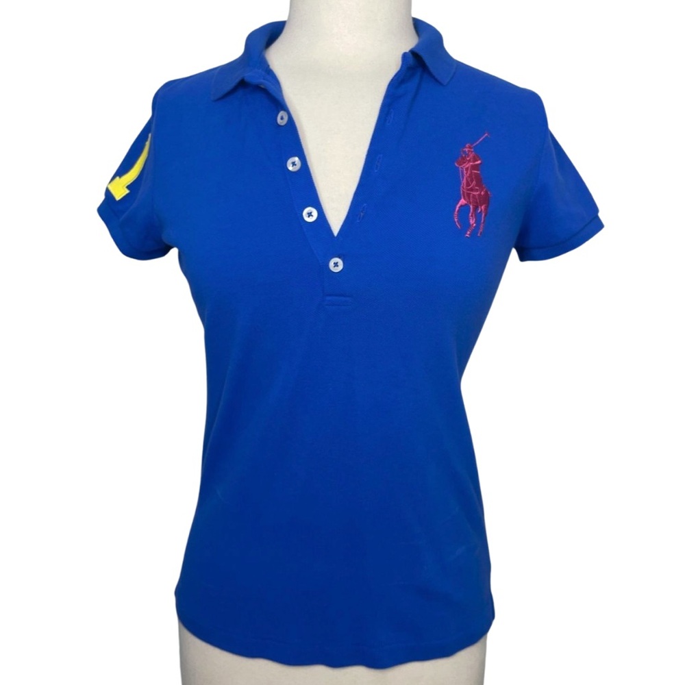 Ralph Lauren Royal Blue Polo Tee with Pink Logo and Yellow Sleeve Accent
